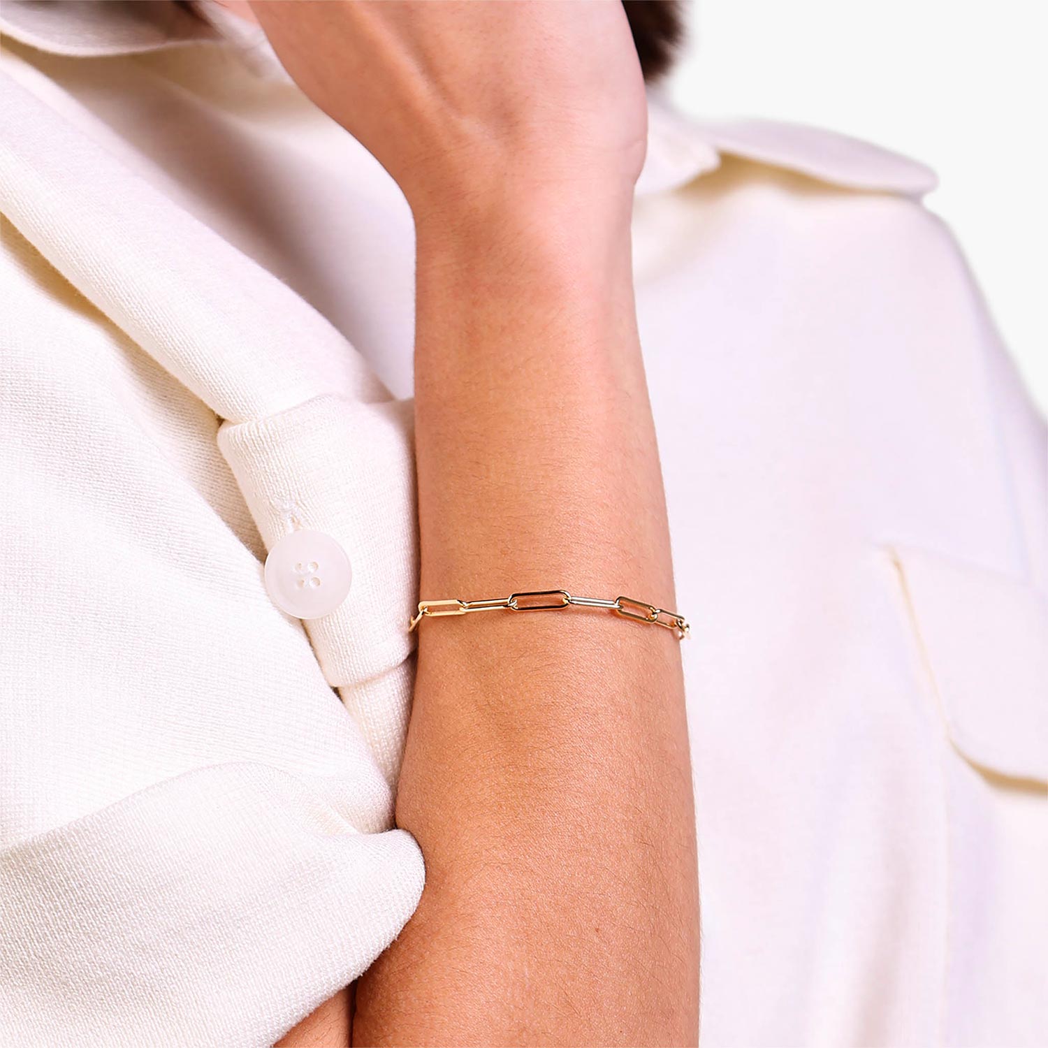 Female Model Wearing Gold Filled Paperclip Chain Bracelet Hazel