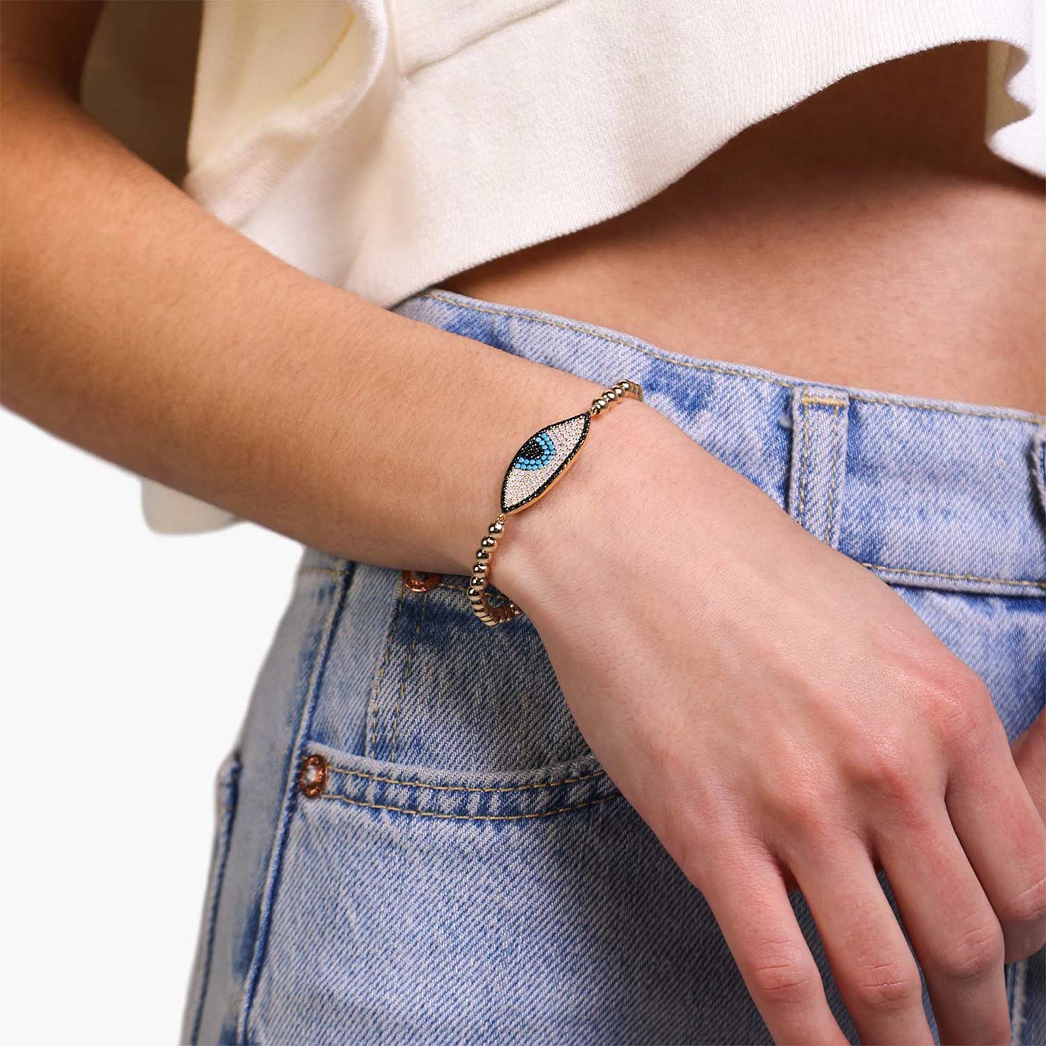 Female Model Wearing Gold Filled Evil Eye Bead Bracelet Iris - Playa Luna Jewelry