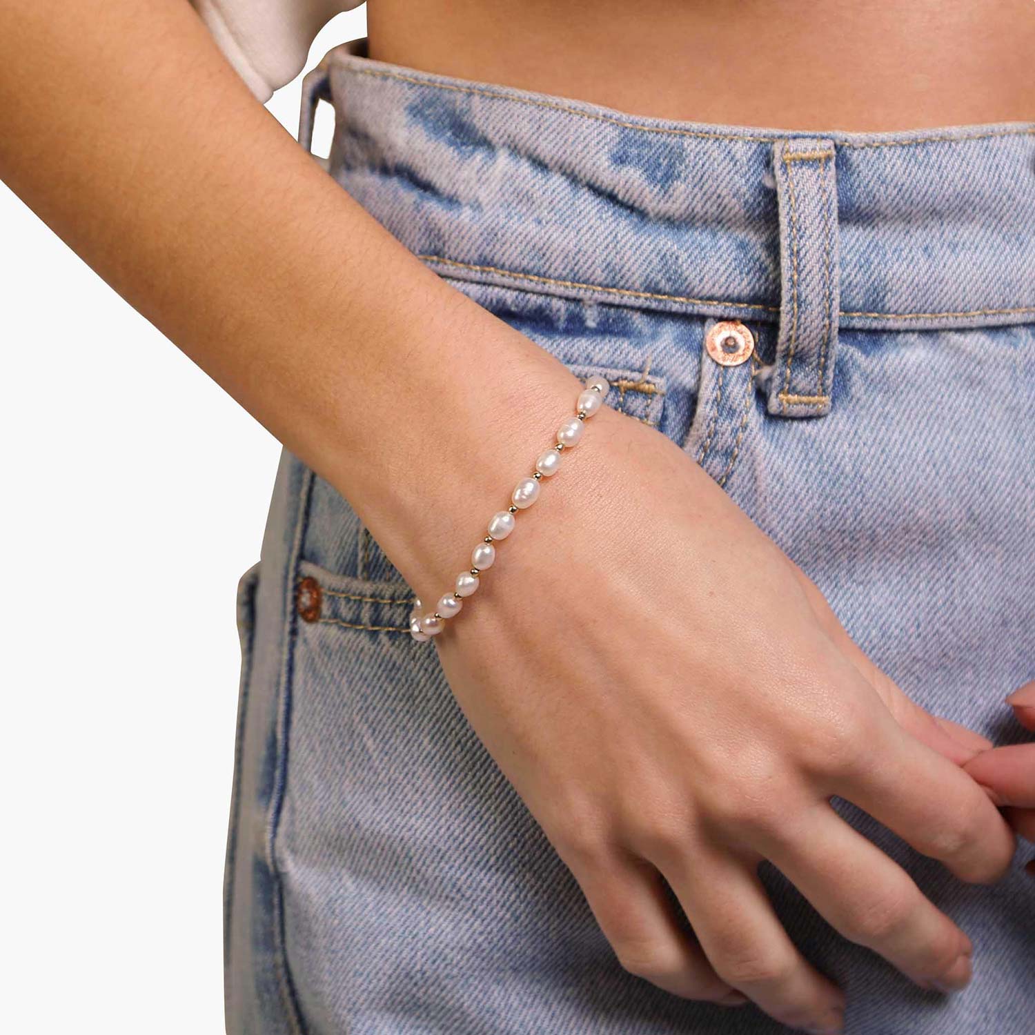 Female Model Wearing Pearl Bracelet Sophia - Playa Luna Jewelry