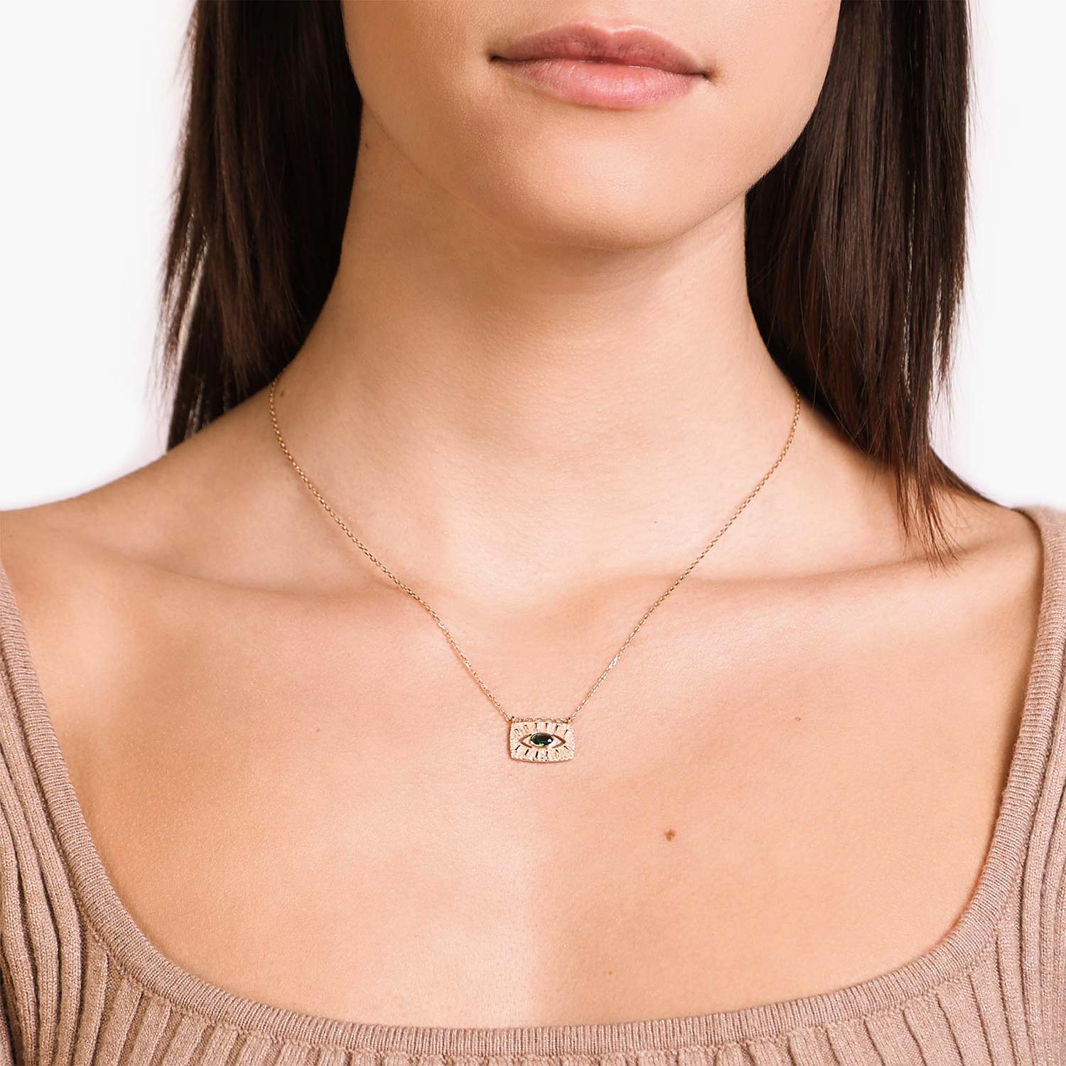 Female Model Wearing Gold Evil Eye Gem Necklace Penelope - Playa Luna Jewelry