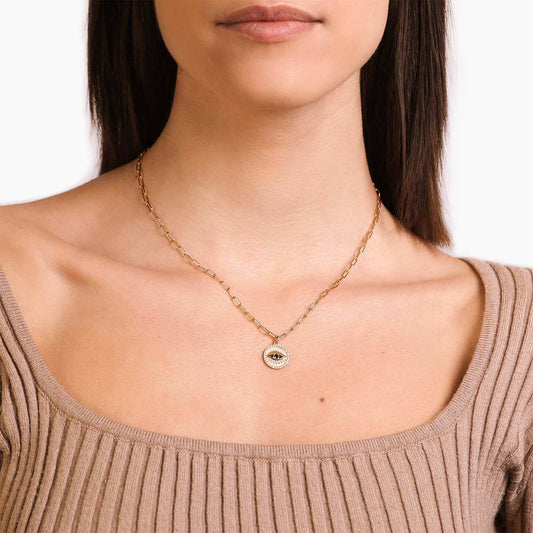Female Model Wearing Gold Evil Eye Necklace Lena - Playa Luna Jewelry