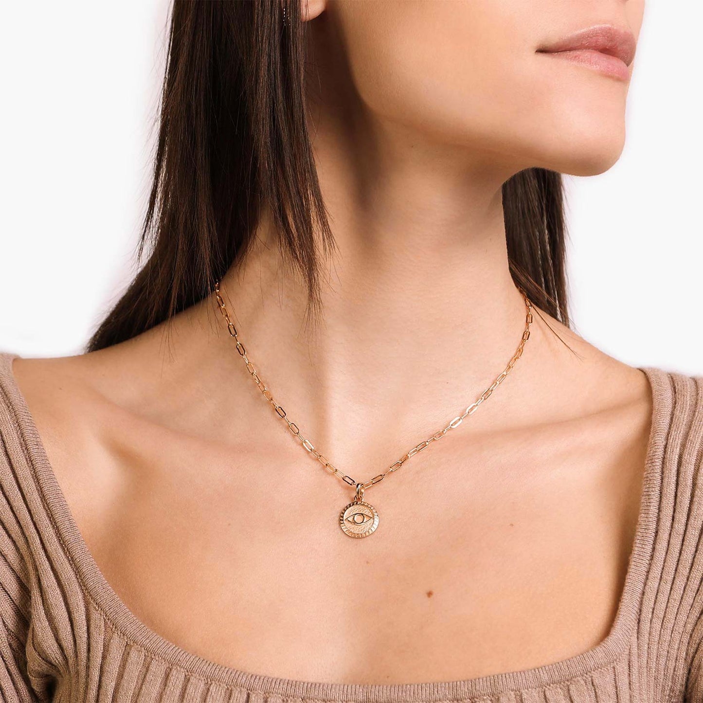 Female Model Wearing Gold Evil Eye Coin Necklace Meghan - Playa Luna Jewelry