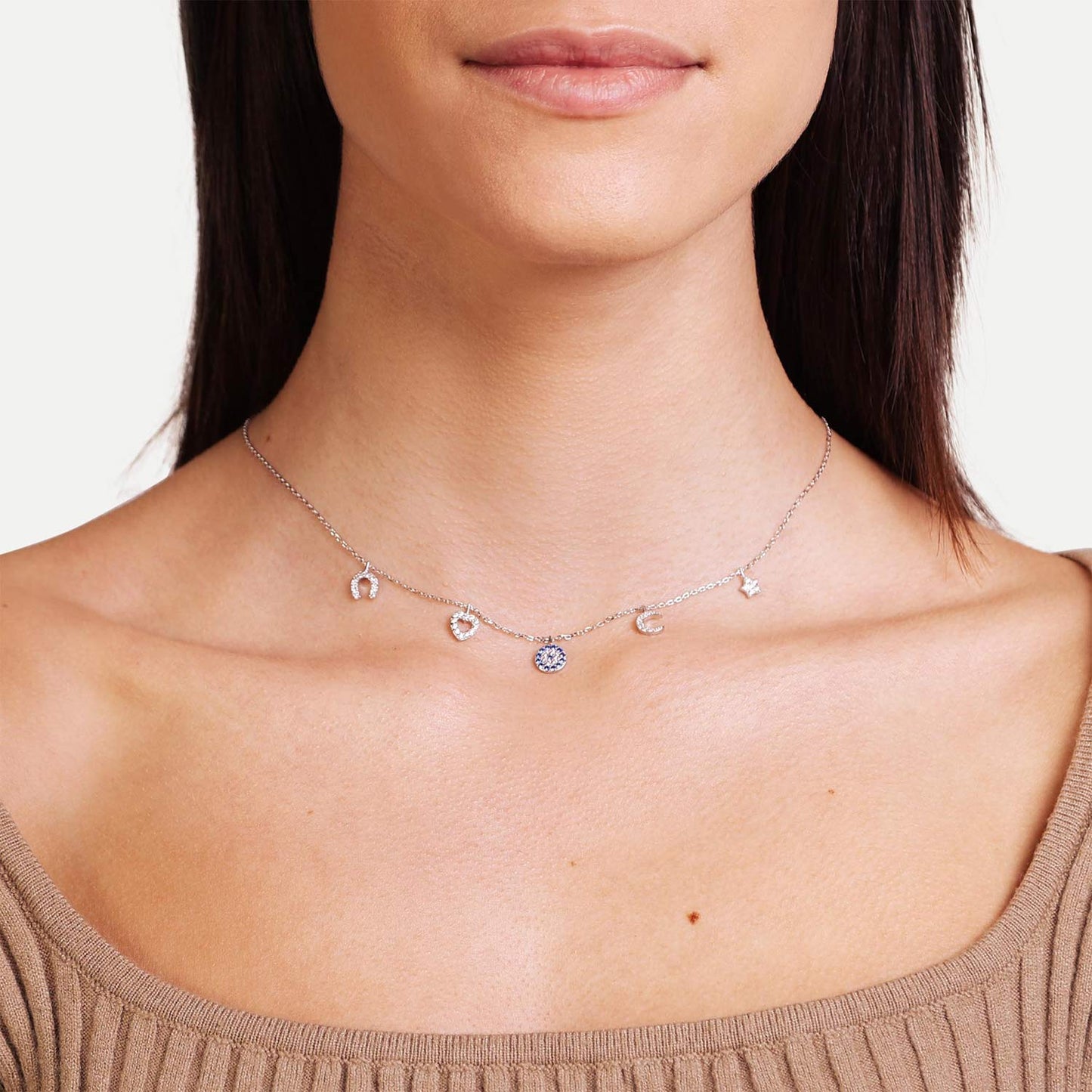 Female Model Wearing Sterling Silver Lucky Charm Necklace Gina - Playa Luna Jewelry