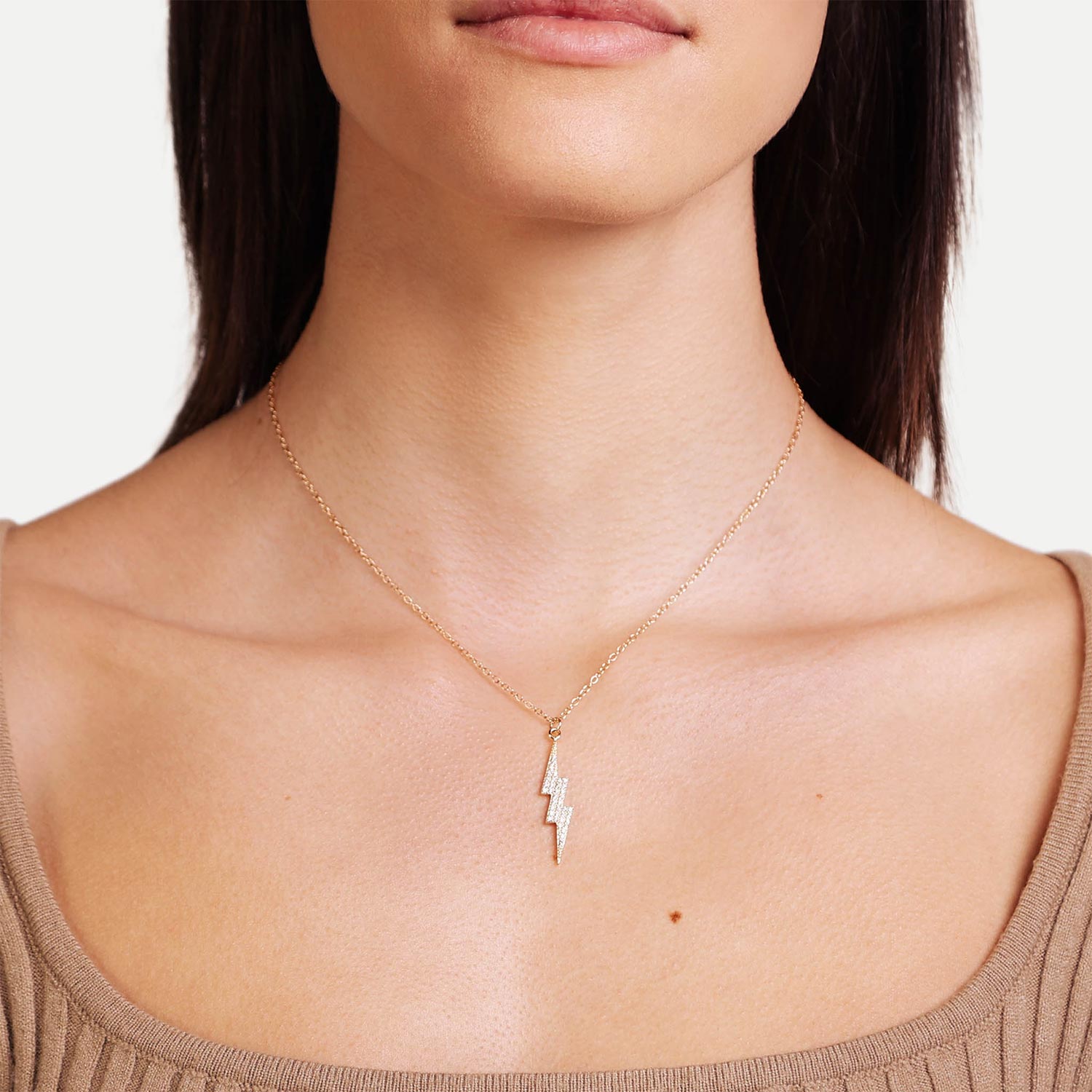 Female Model Wearing Gold Lightning Bolt Necklace Harper - Playa Luna Jewelry