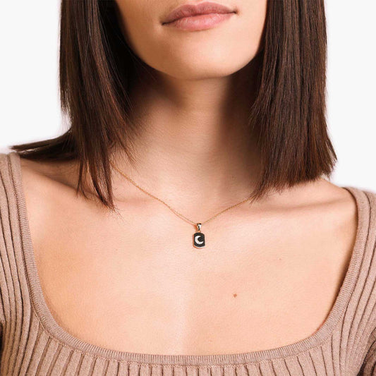 Female Model Wearing Gold Moon Tag Necklace Selena - Playa Luna Jewelry
