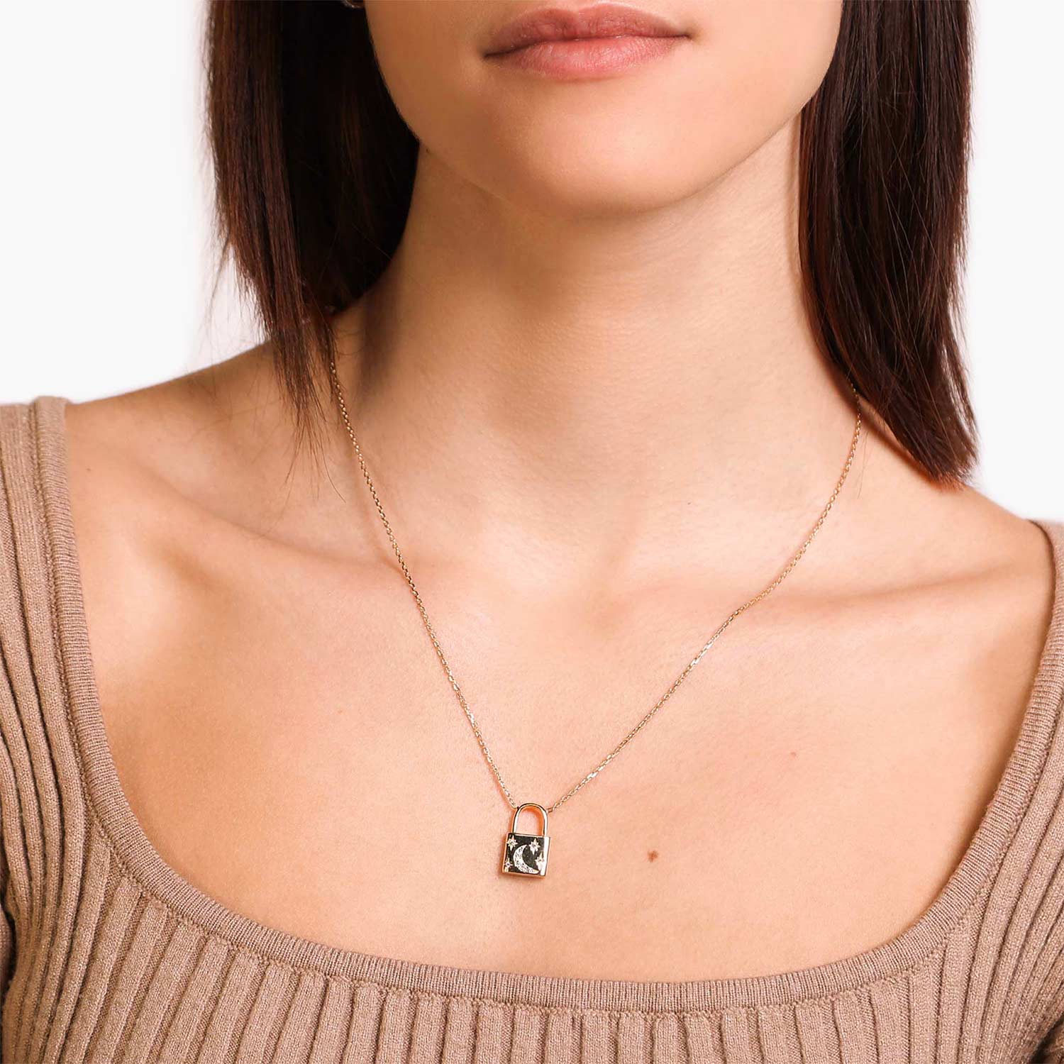 Female Model Wearing Gold Lock Necklace Aurora - Playa Luna Jewelry