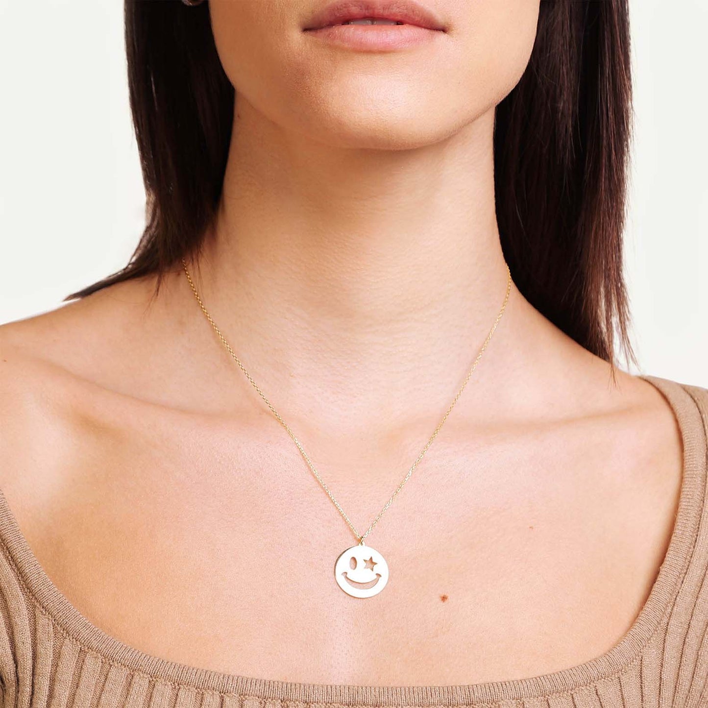 Female Model Wearing Gold Pendant Smiley Face Necklace Alisa - Playa Luna Jewelry