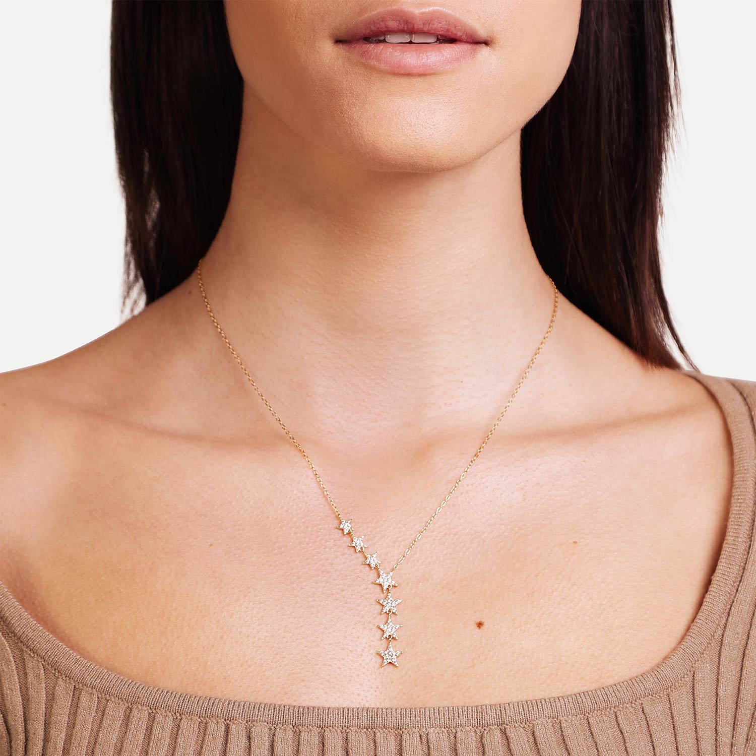 Female Model Wearing Gold Star Drop Necklace Ella - Playa Luna Jewelry