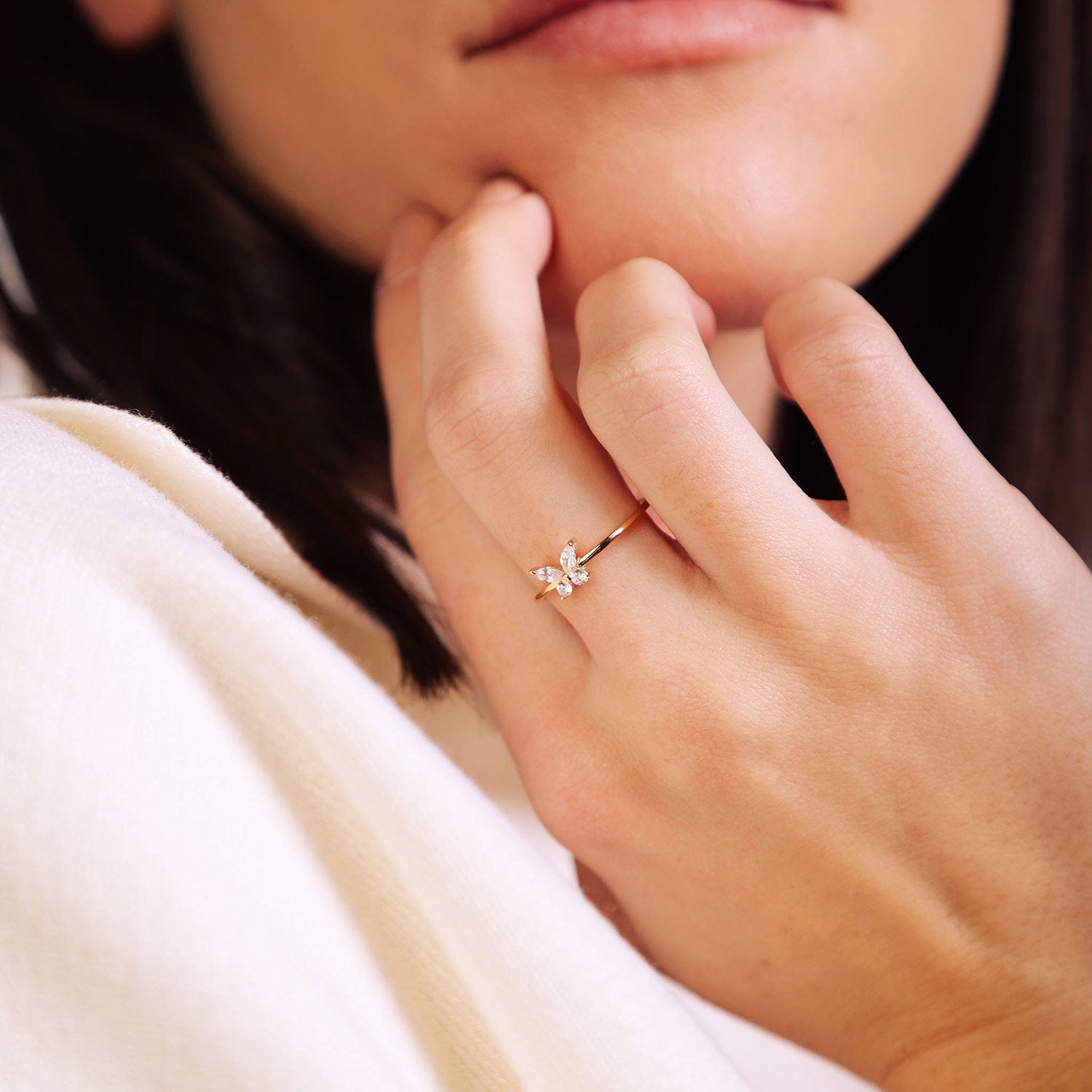 Female Model Wearing Gold Butterfly Ring Alice - Playa Luna Jewelry