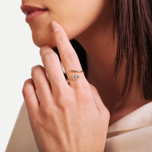 Female Model Wearing Gold Dainty Evil Eye Ring Maya - Playa Luna Jewelry