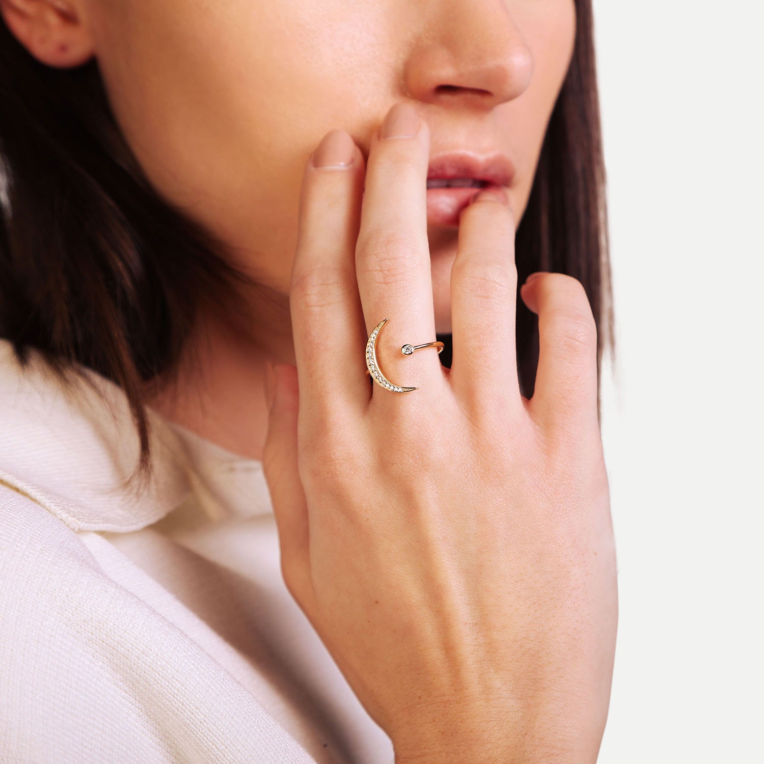 Female Model Wearing Gold Moon Ring Skye - Playa Luna Jewelry