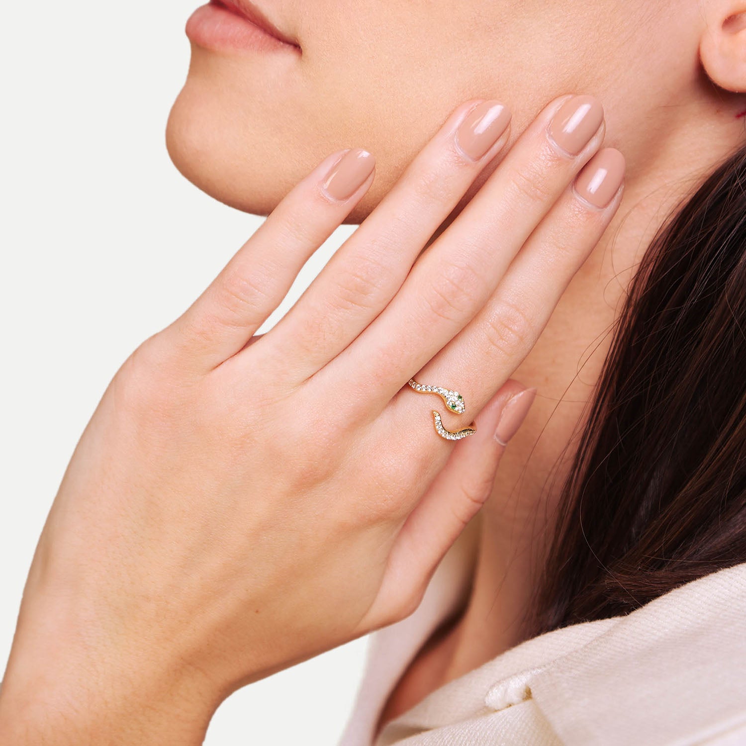 Female Model Wearing Gold Snake Ring Faye - Playa Luna Jewelry