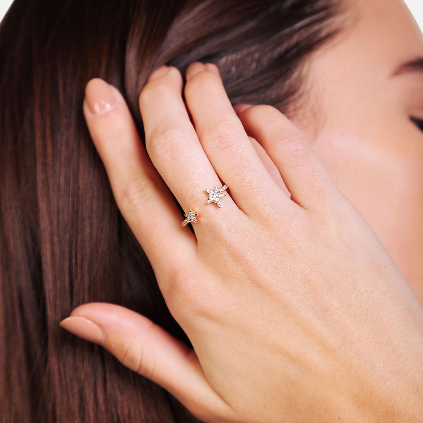 Female Model Wearing Gold Stars Ring Stella - Playa Luna Jewelry