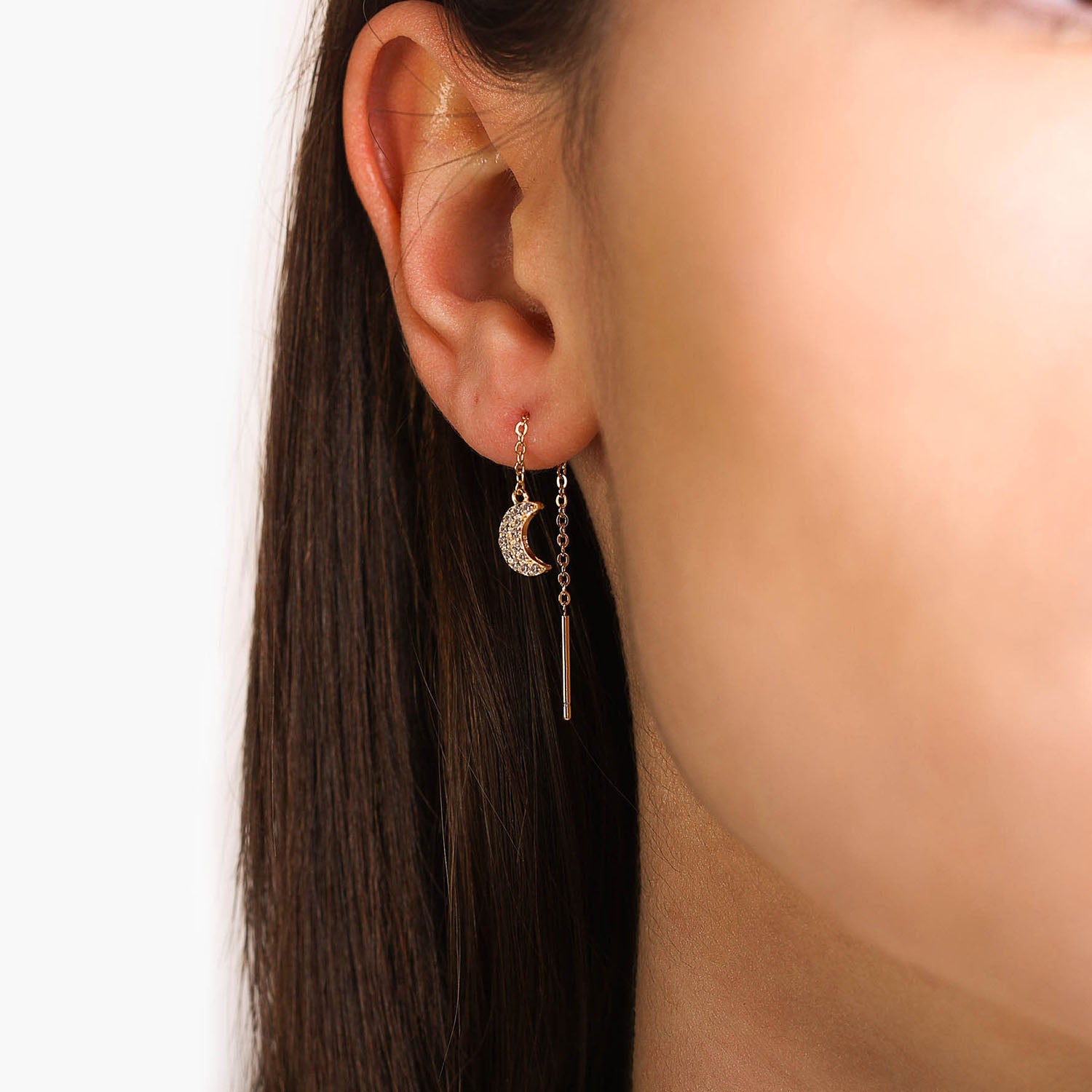 Female Model Wearing Gold Moon Threader Earrings Sasha - Playa Luna Jewelry