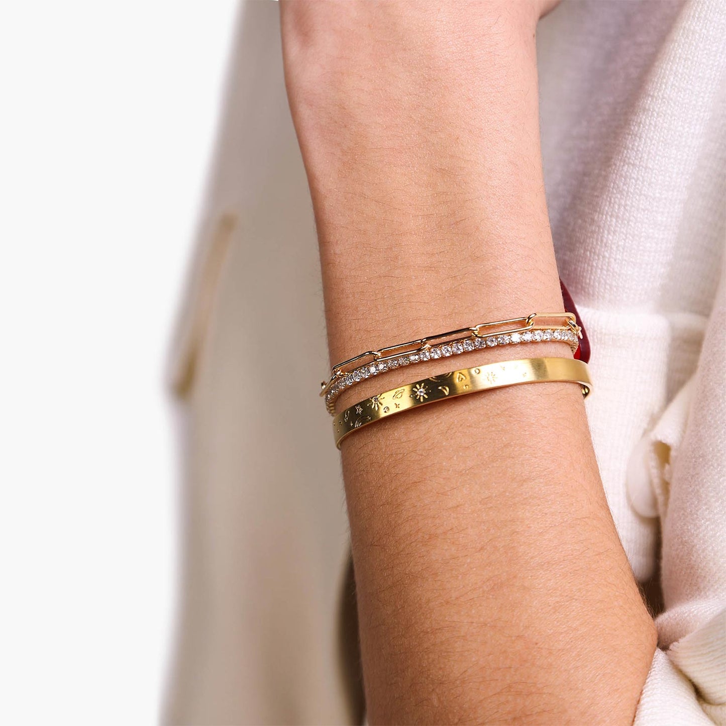 Female Model Wearing Layered Gold Tennis Bracelet Naomi - Playa Luna Jewelry