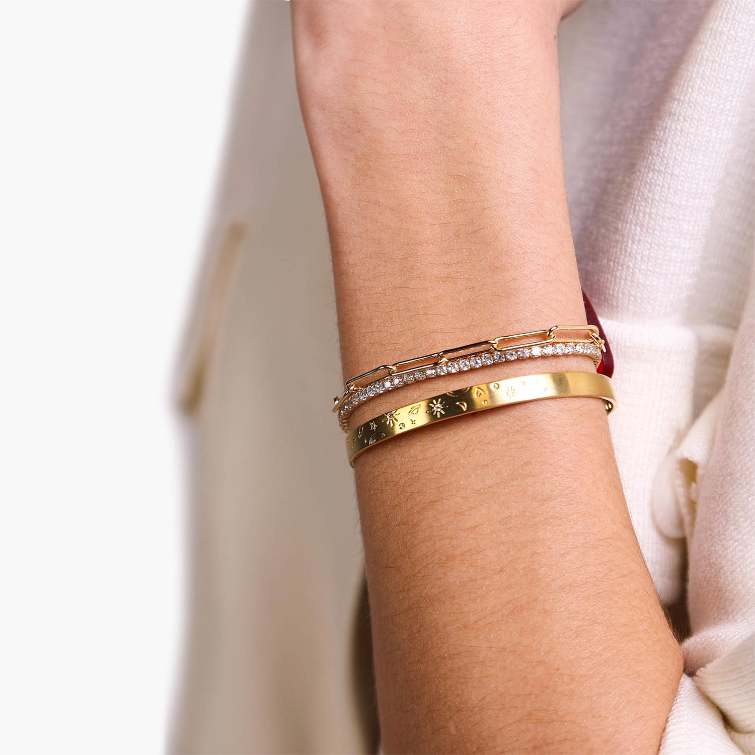 Female Model Wearing Layered Gold Tennis Bracelet Naomi - Playa Luna Jewelry