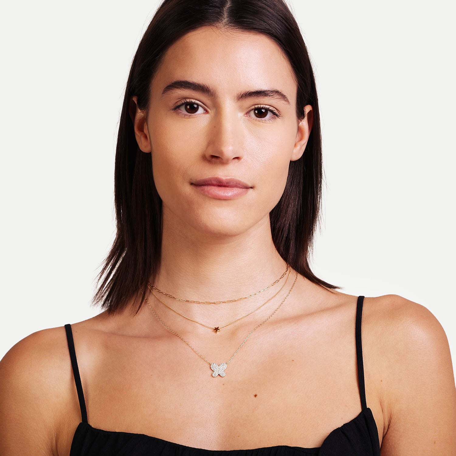 Female Model Wearing Layered Gold Butterfly Necklace Mia - Playa Luna Jewelry