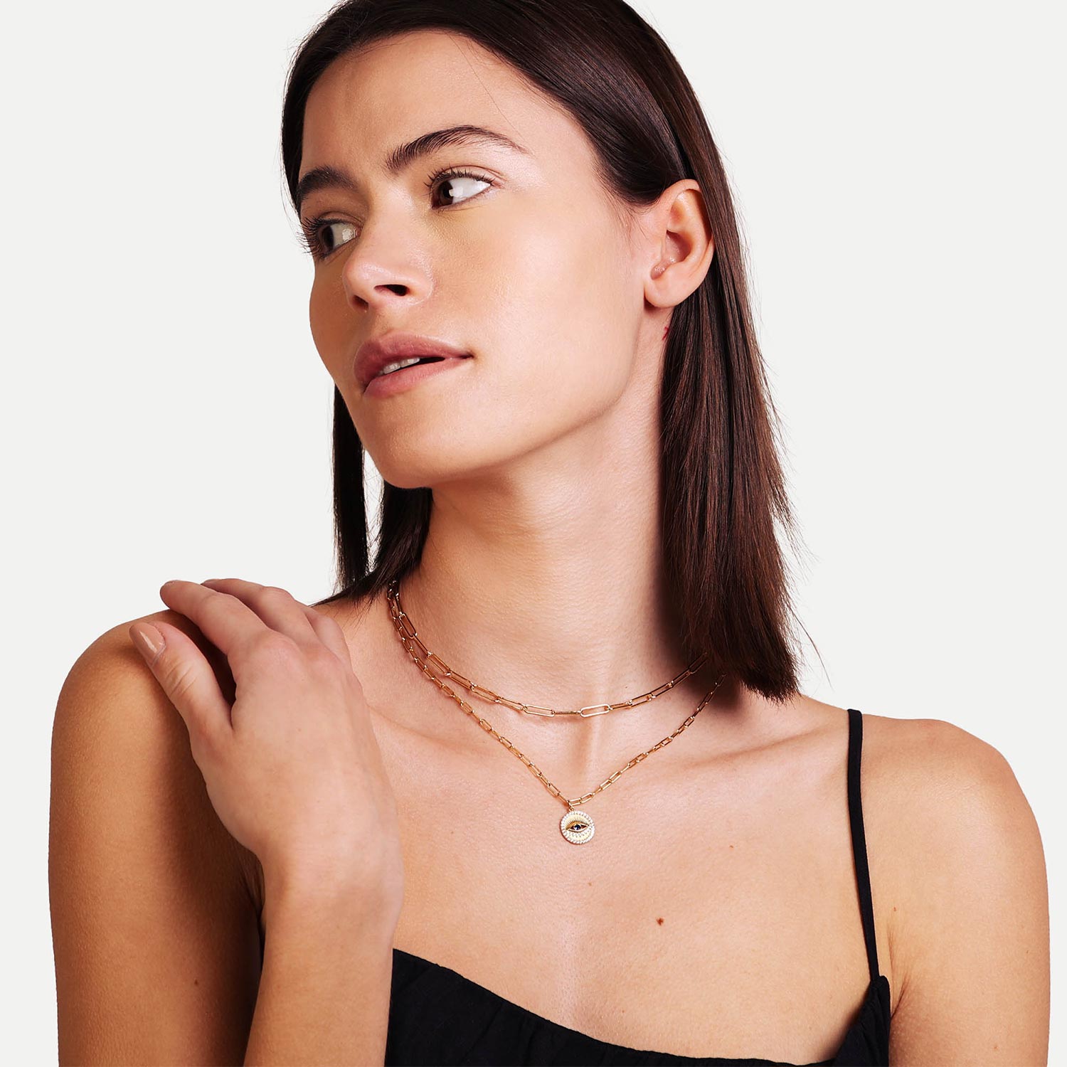 Female Model Wearing Layered Gold Evil Eye Necklace Lena - Playa Luna Jewelry