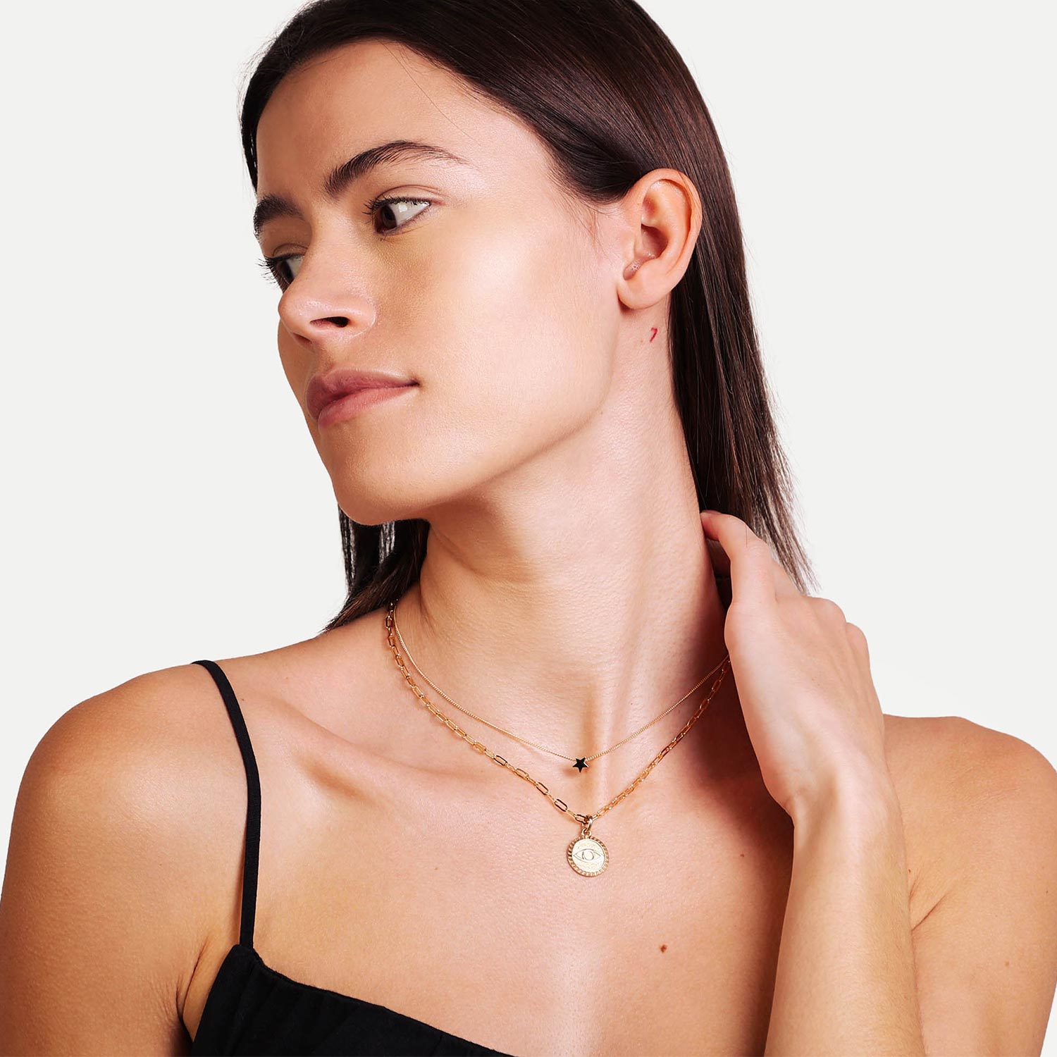 Female Model Wearing Layered Gold Evil Eye Coin Necklace Meghan - Playa Luna Jewelry