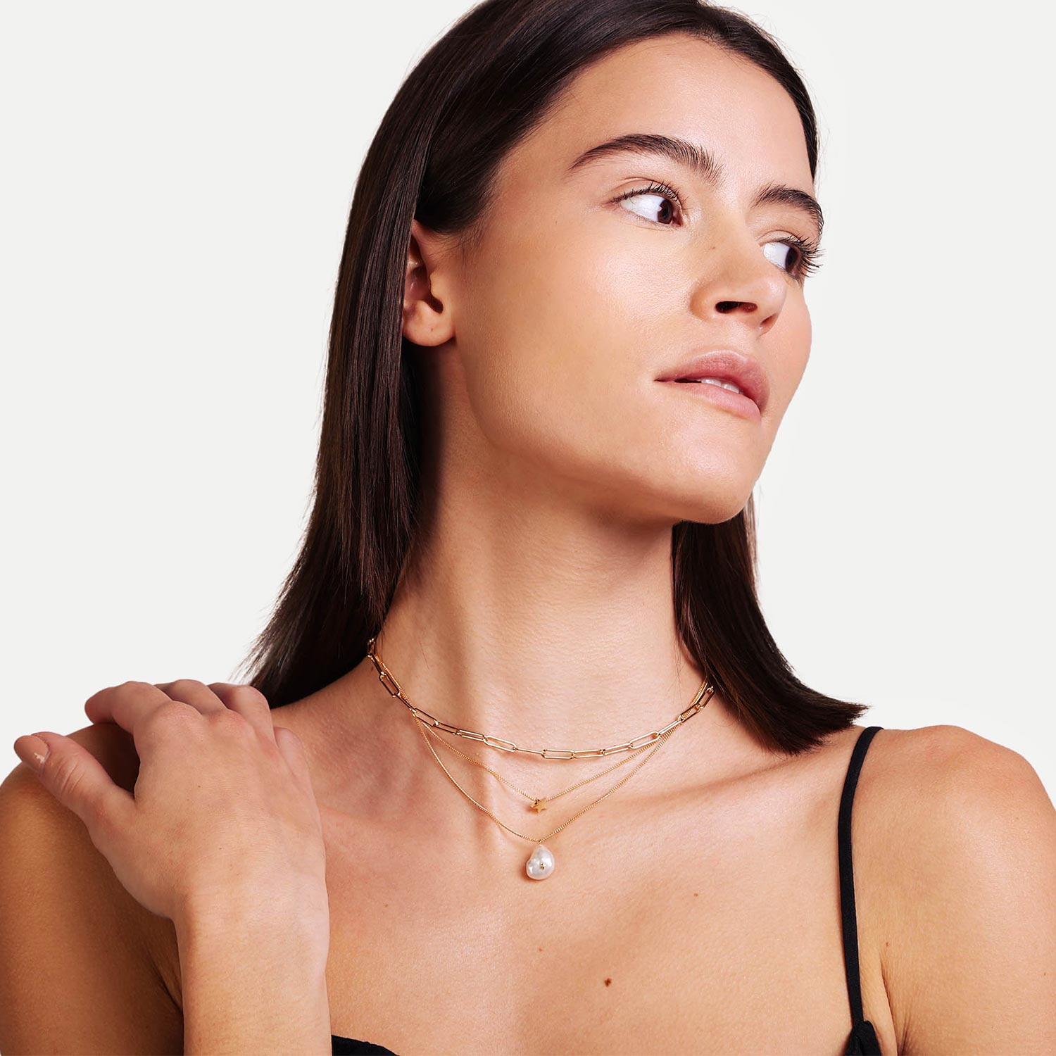 Female Model Wearing Layered Pearl Pendant Necklace Diana - Playa Luna Jewelry