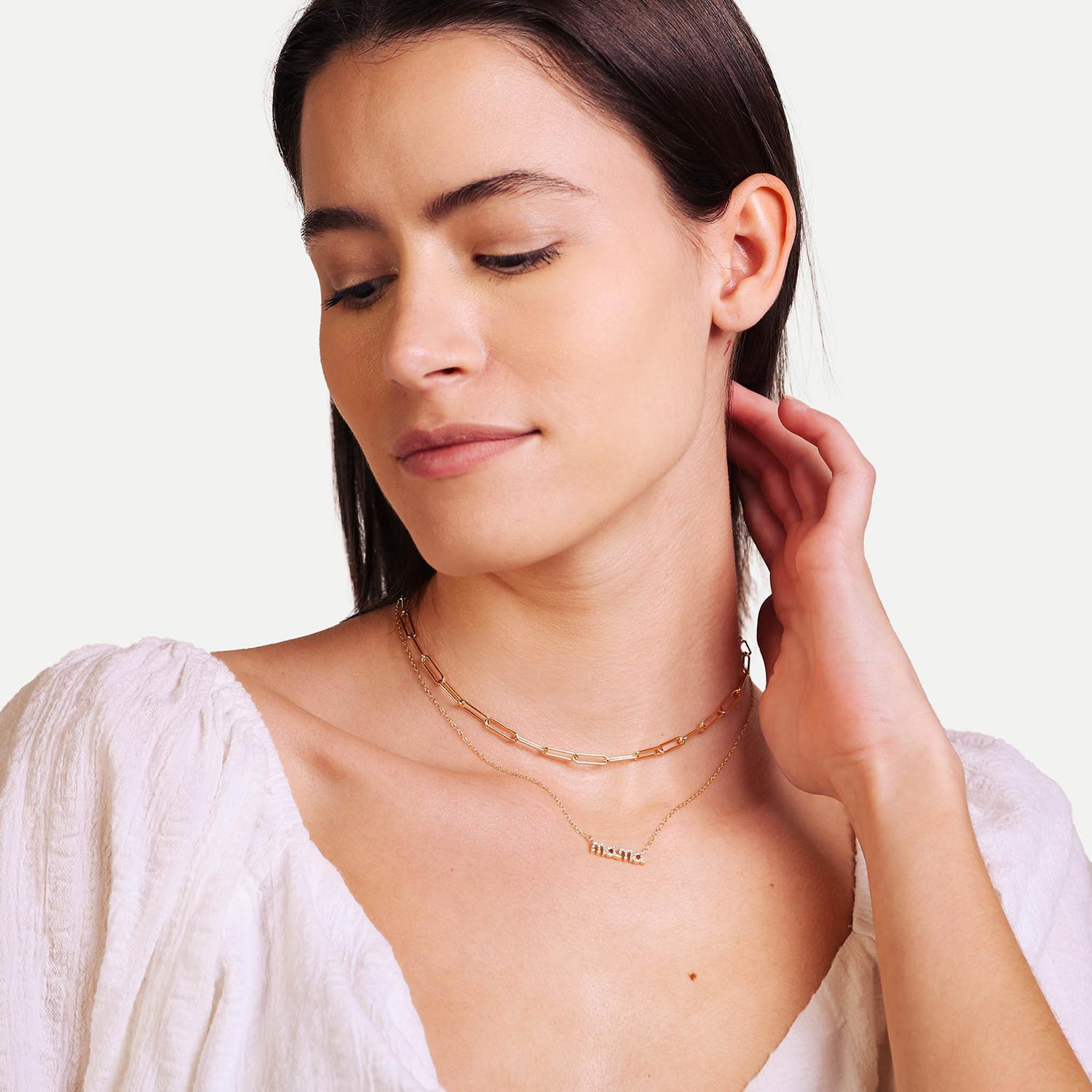 Female Model Wearing Layered Gold Mama Necklace Elsa - Playa Luna Jewelry
