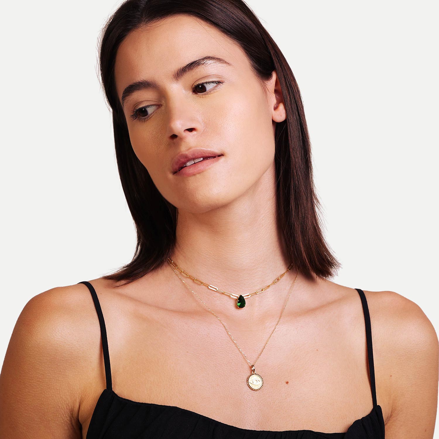 Female Model Wearing Layered Green Teardrop Gem Necklace Gia - Playa Luna Jewelry