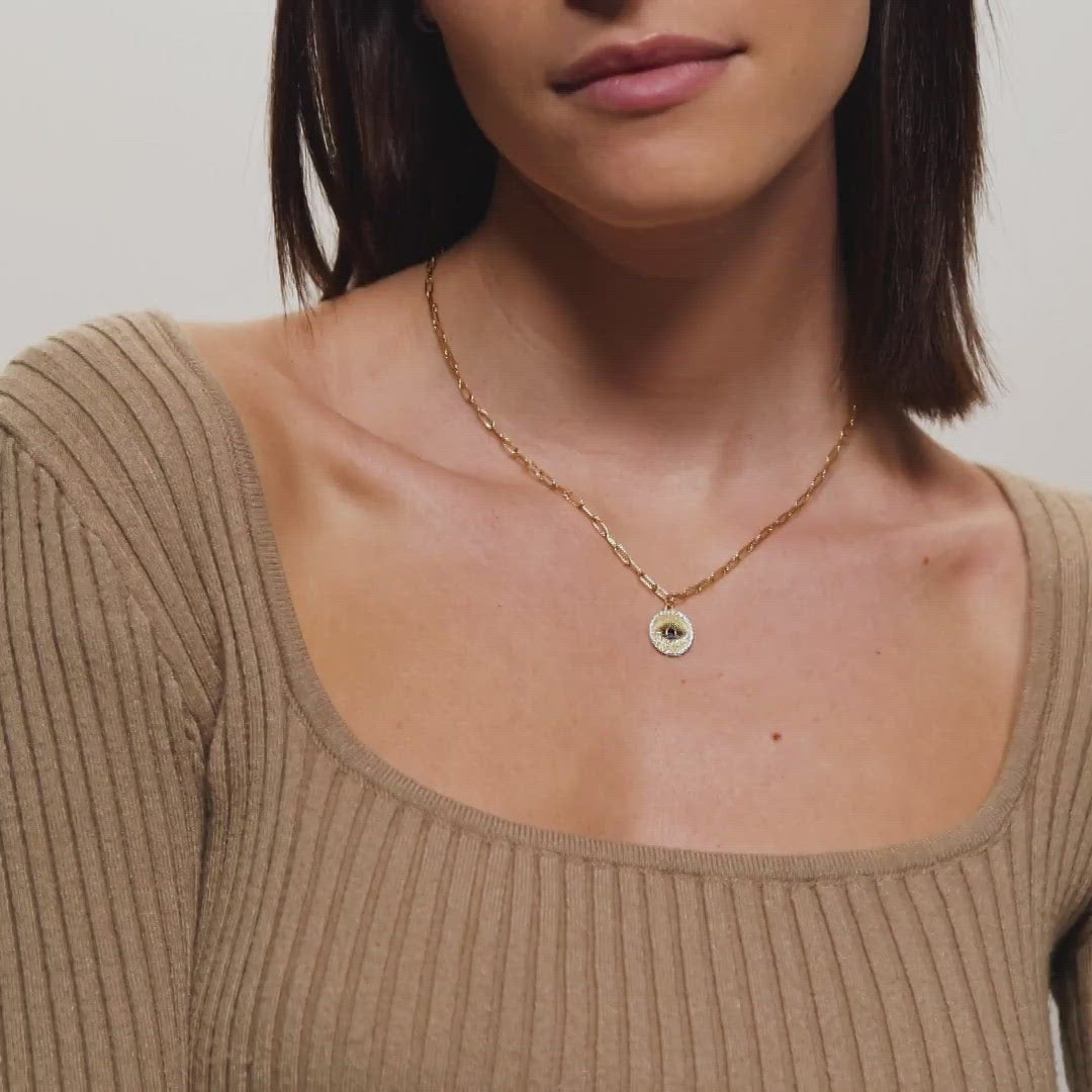 Female Model Showing Gold Evil Eye Necklace Lena - Playa Luna Jewelry