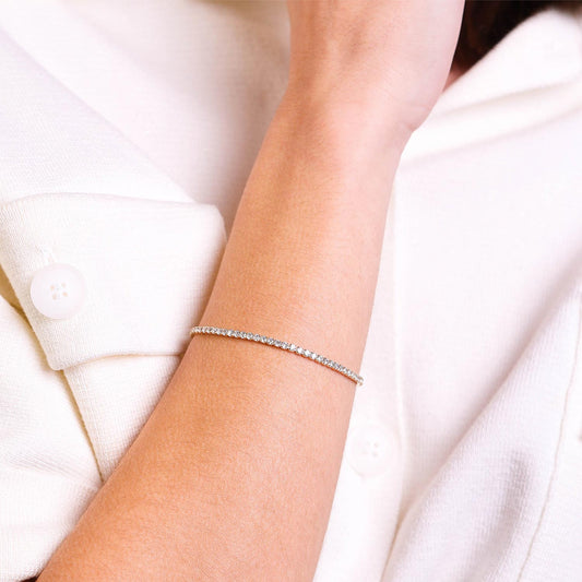 Female Model Wearing Gold Tennis Bracelet Naomi - Playa Luna Jewelry