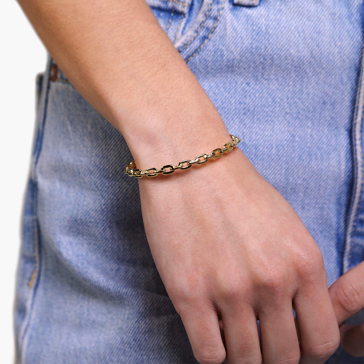 Female Model Wearing Gold Link Cuff Bracelet Mabel - Playa Luna Jewelry