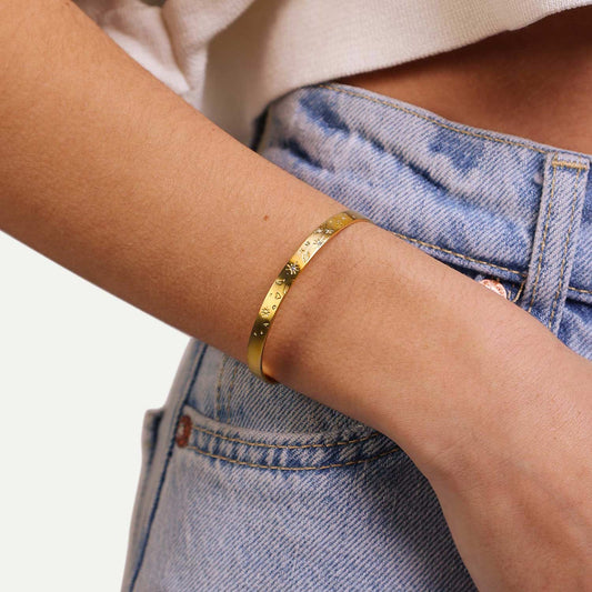 Female Model Wearing Gold Moon and Stars Cuff Bracelet Lucy - Playa Luna Jewelry