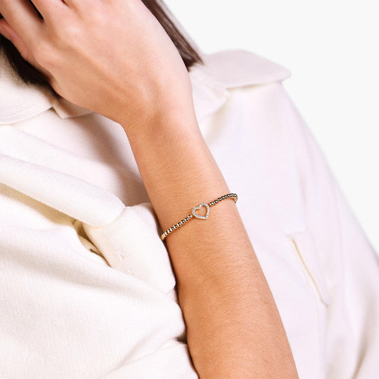 Female Model Wearing Gold Filled Open Heart Bead Bracelet Kim - Playa Luna Jewelry