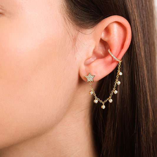 Female Model Wearing Gold Star Stud with Chain Ear Cuff Mila - Playa Luna Jewelry