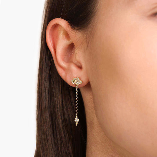 Female Model Wearing Gold Lightning Bolt Drop Earrings Bree - Playa Luna Jewelry