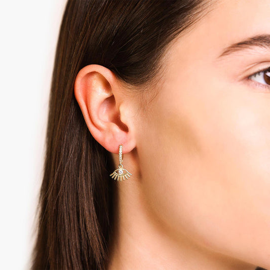 Female Model Wearing Gold Evil Eye Huggie Hoop Earrings Kai - Playa Luna Jewelry