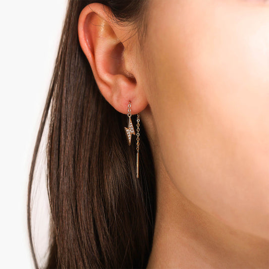 Female Model Wearing Gold Lighting Bolt Threader Earrings Sasha - Playa Luna Jewelry