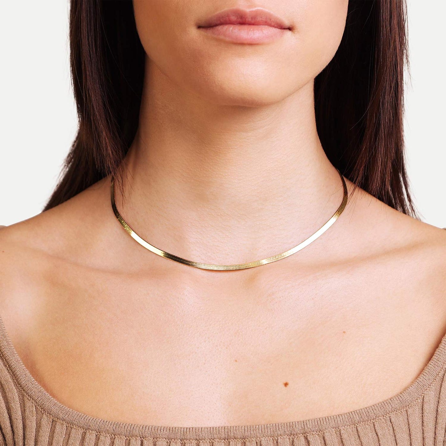Female Model Wearing Gold Herringbone Chain Elena - Playa Luna Jewelry