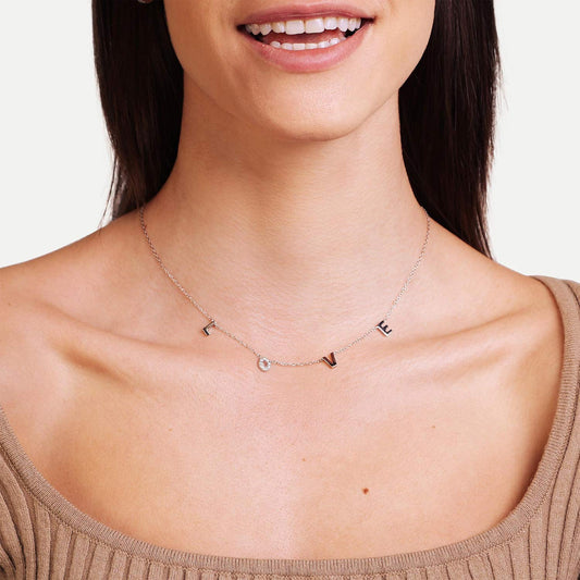 Female Model Wearing Sterling Silver Love Necklace Lily - Playa Luna Jewelry