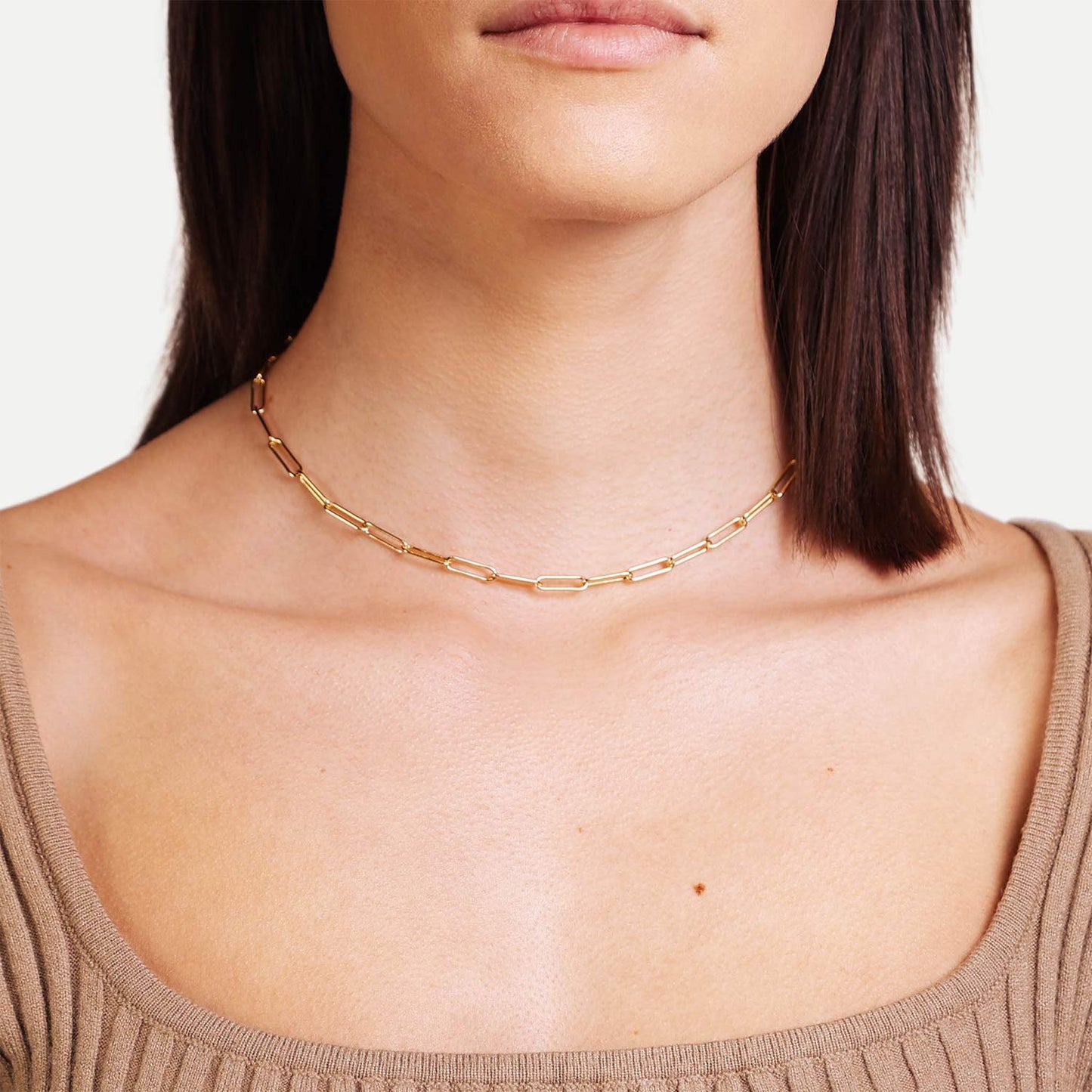 Female Model Wearing Gold Filled Paperclip Chain Necklace Ruby - Playa Luna Jewelry