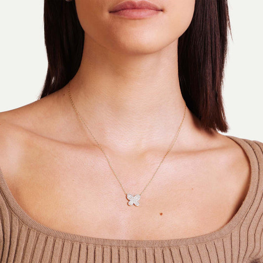 Female Model Wearing Gold Butterfly Necklace Mia - Playa Luna Jewelry