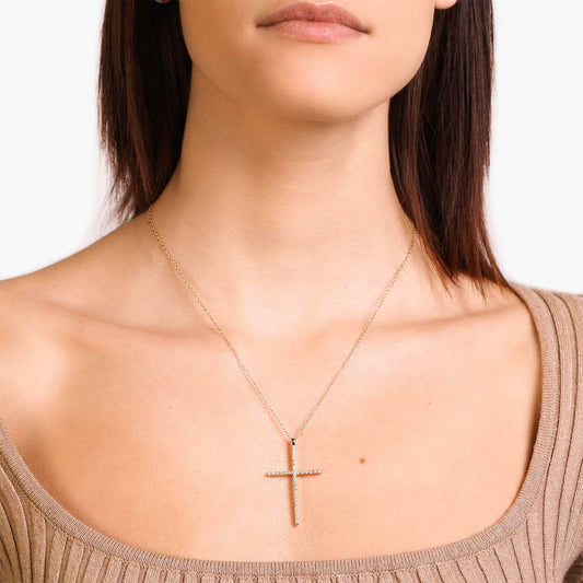 Female Model Wearing Gold Cross Necklace Sarah - Playa Luna Jewelry
