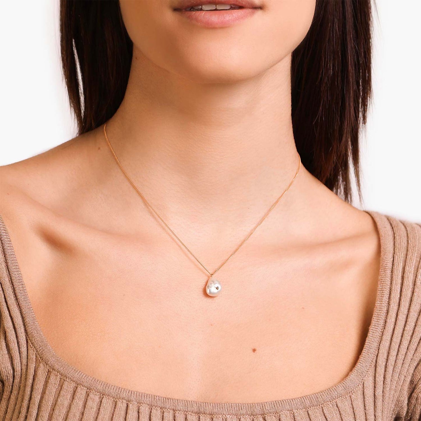 Female Model Wearing Pearl Pendant Necklace Diana - Playa Luna Jewelry