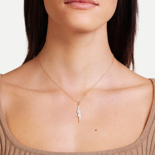 Female Model Wearing Gold Lightning Bolt Necklace Harper - Playa Luna Jewelry