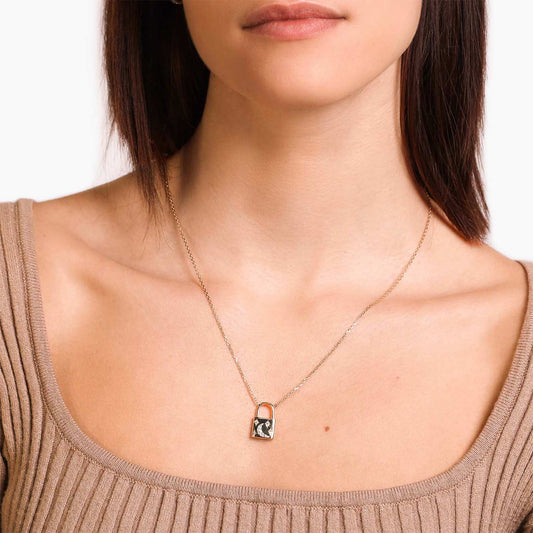 Female Model Wearing Gold Lock Necklace Aurora - Playa Luna Jewelry