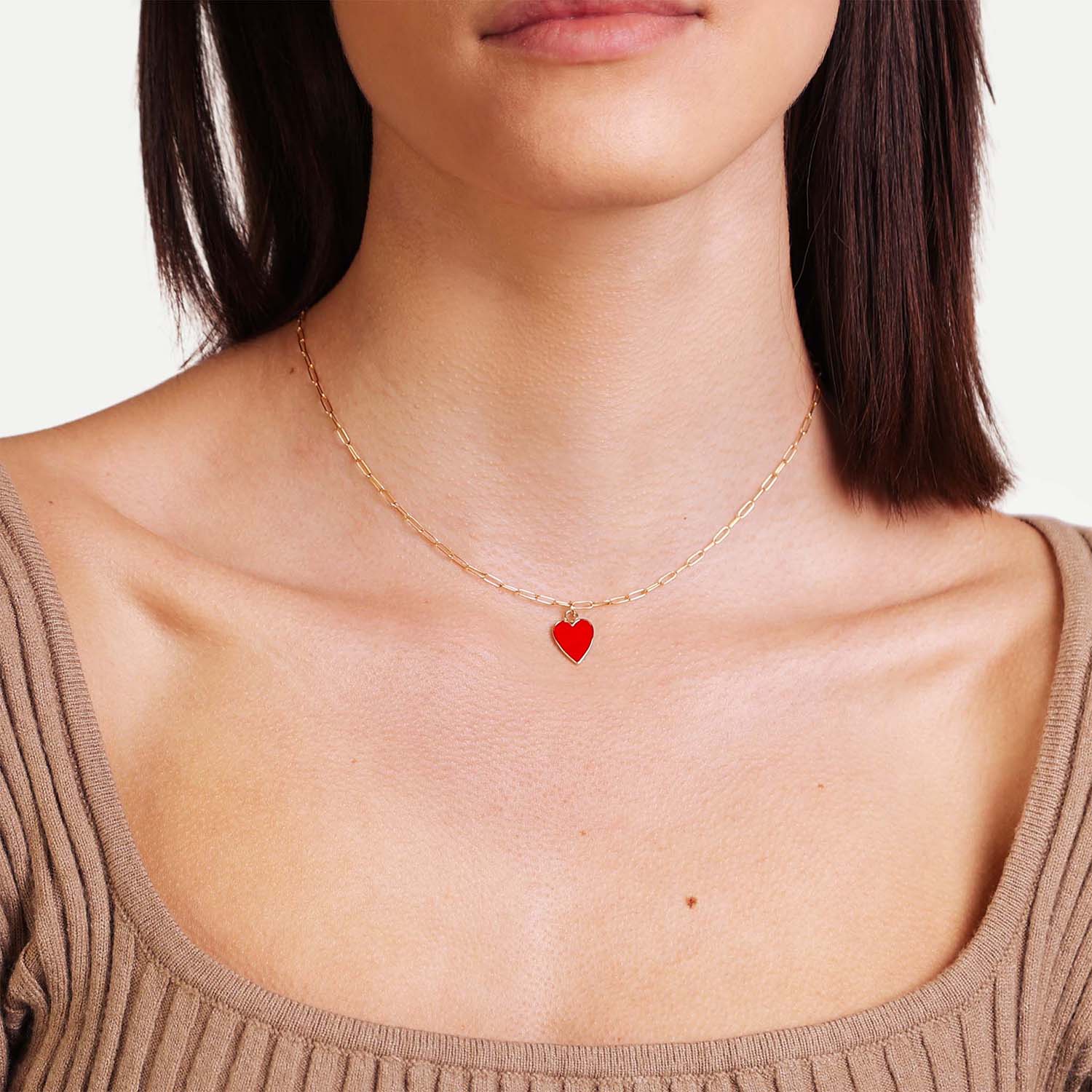Female Model Wearing Red and Gold Heart Necklace Anna - Playa Luna Jewelry 