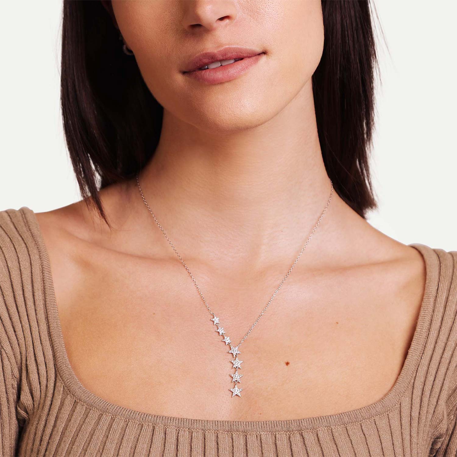 Female Model Wearing Sterling Silver Star Drop Necklace Ella Silver - Playa Luna Jewelry