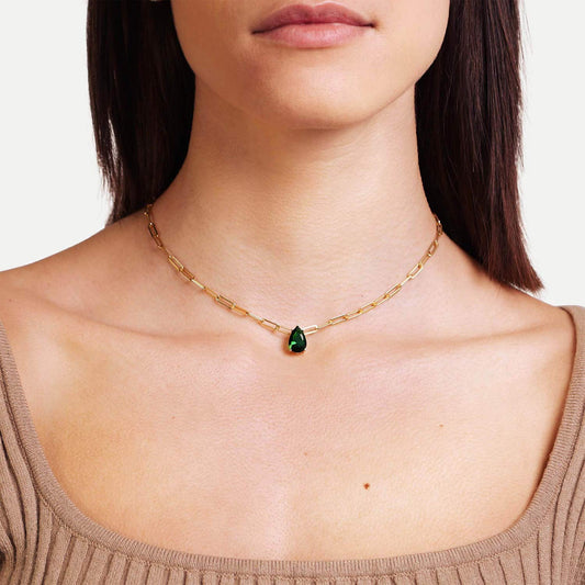 Female Model Wearing Green Teardrop Gem Necklace Gia - Playa Luna Jewelry
