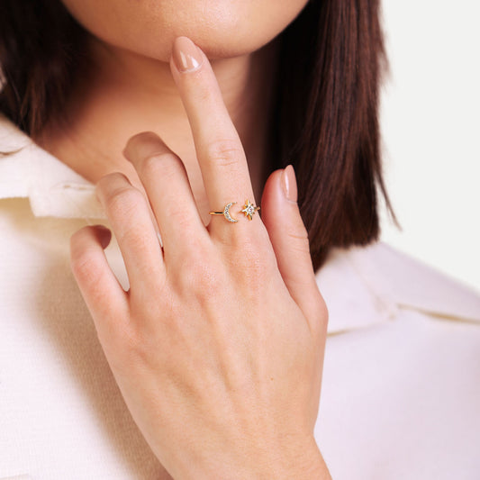 Female Model Wearing Gold Moon and Star Ring Ariel - Playa Luna Jewelry