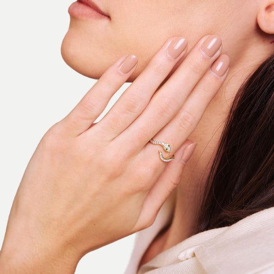 Female Model Wearing Gold Snake Ring Faye - Playa Luna Jewelry