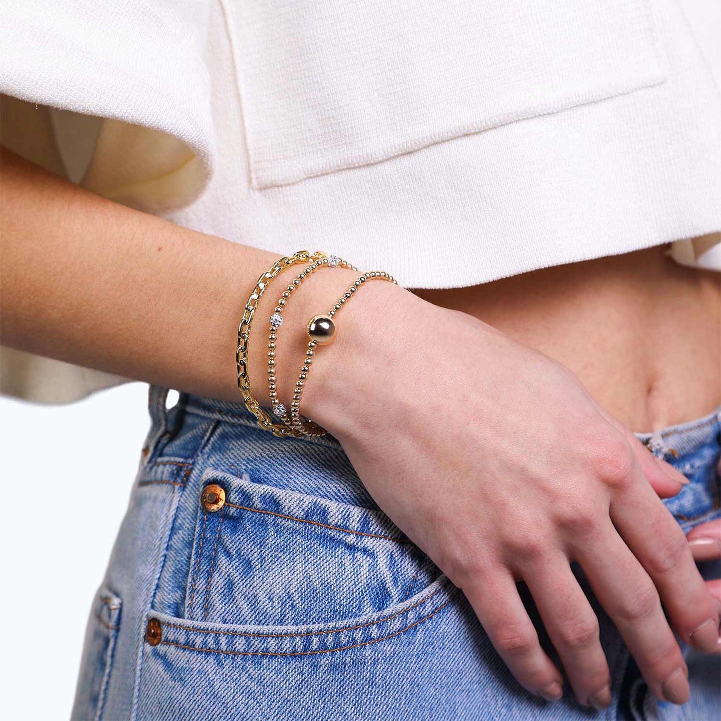 Female Model Wearing Layered Gold Link Cuff Bracelet Mabel - Playa Luna Jewelry