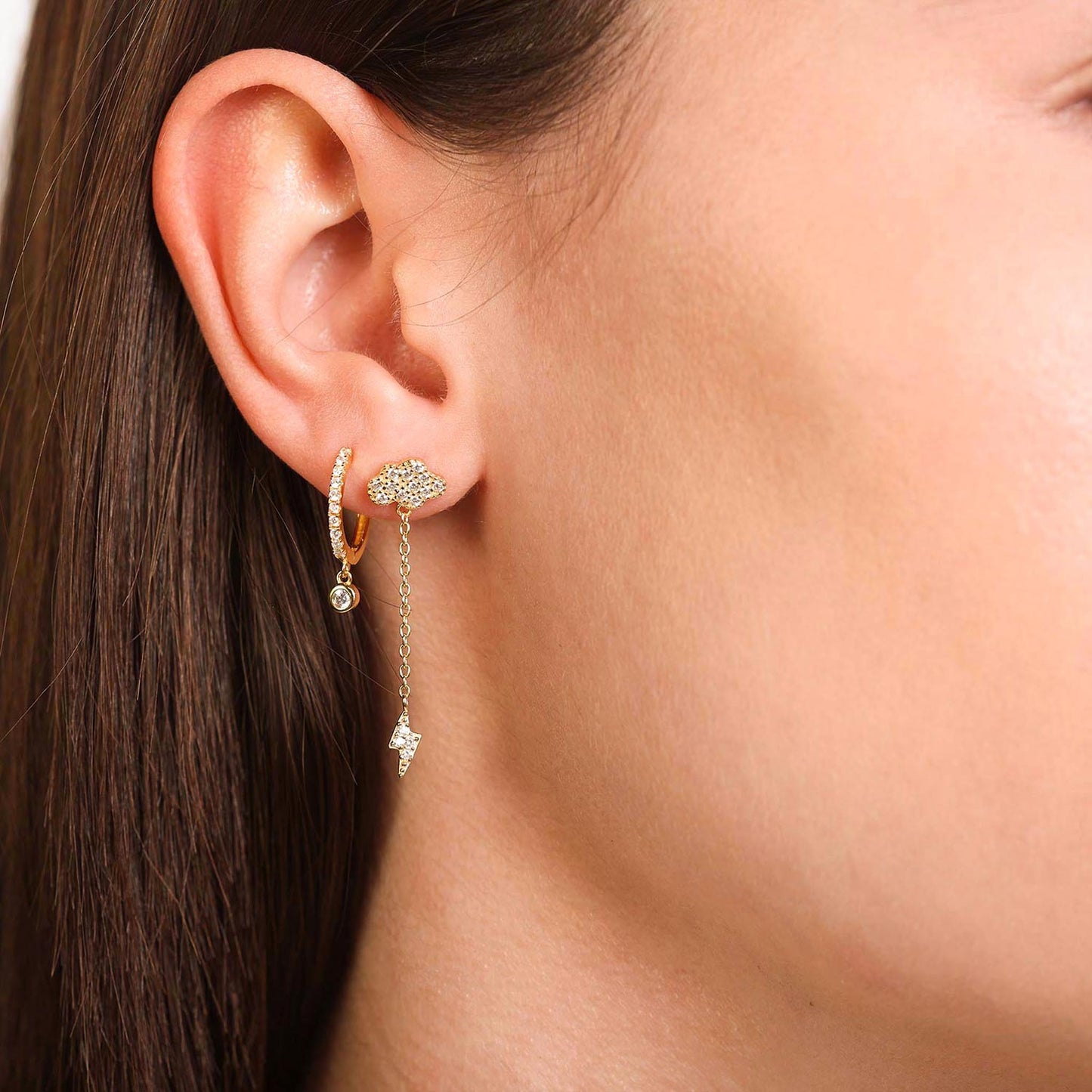 Female Model Wearing Layered Gold Lightning Bolt Drop Earrings Bree - Playa Luna Jewelry
